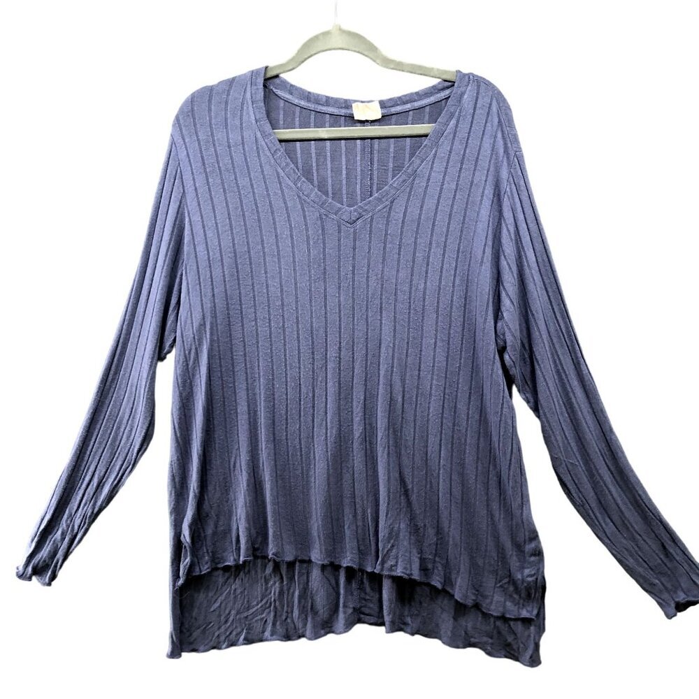 MOTE Long Sleeve T Shirt Womens L Jersey Knit Ribbed‎ Hi-Low V-neck Blue